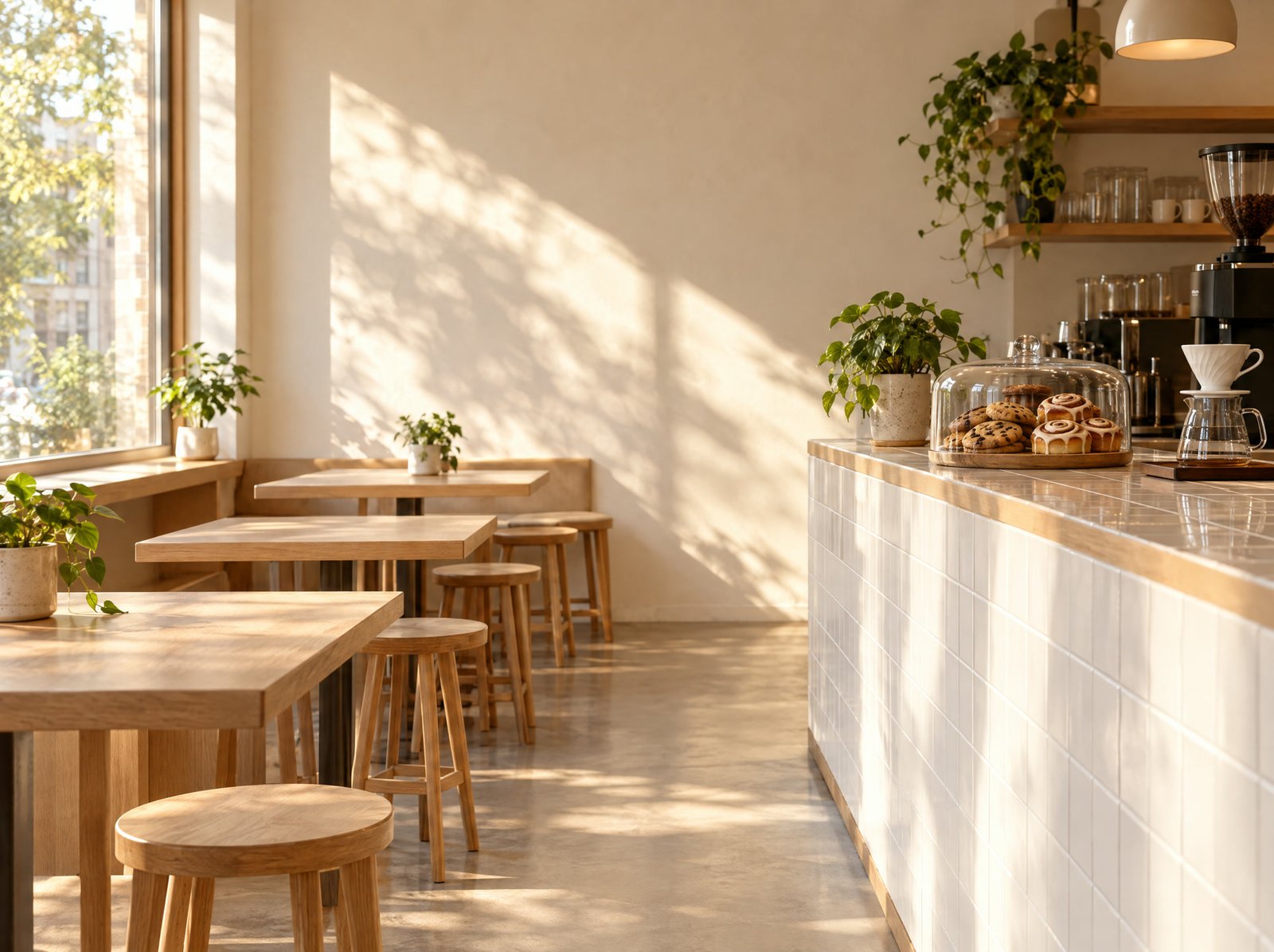 El interior de Ícaro Café con luz de mañana, mesas de madera y repostería en la barra